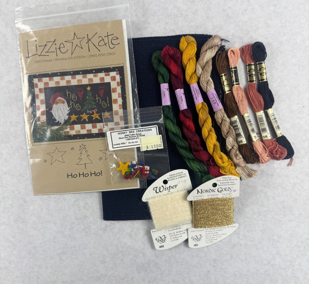 Lizzie Kate Ho Ho Ho Cross Stitch Kit #022 Santa Buttons Wisper Nordic Gold